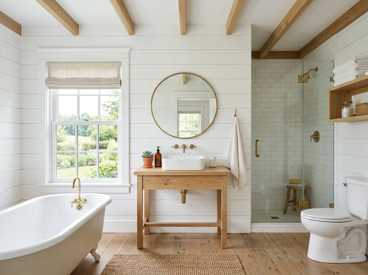 Minimal farmhouse bathroom with white walls and wood accents